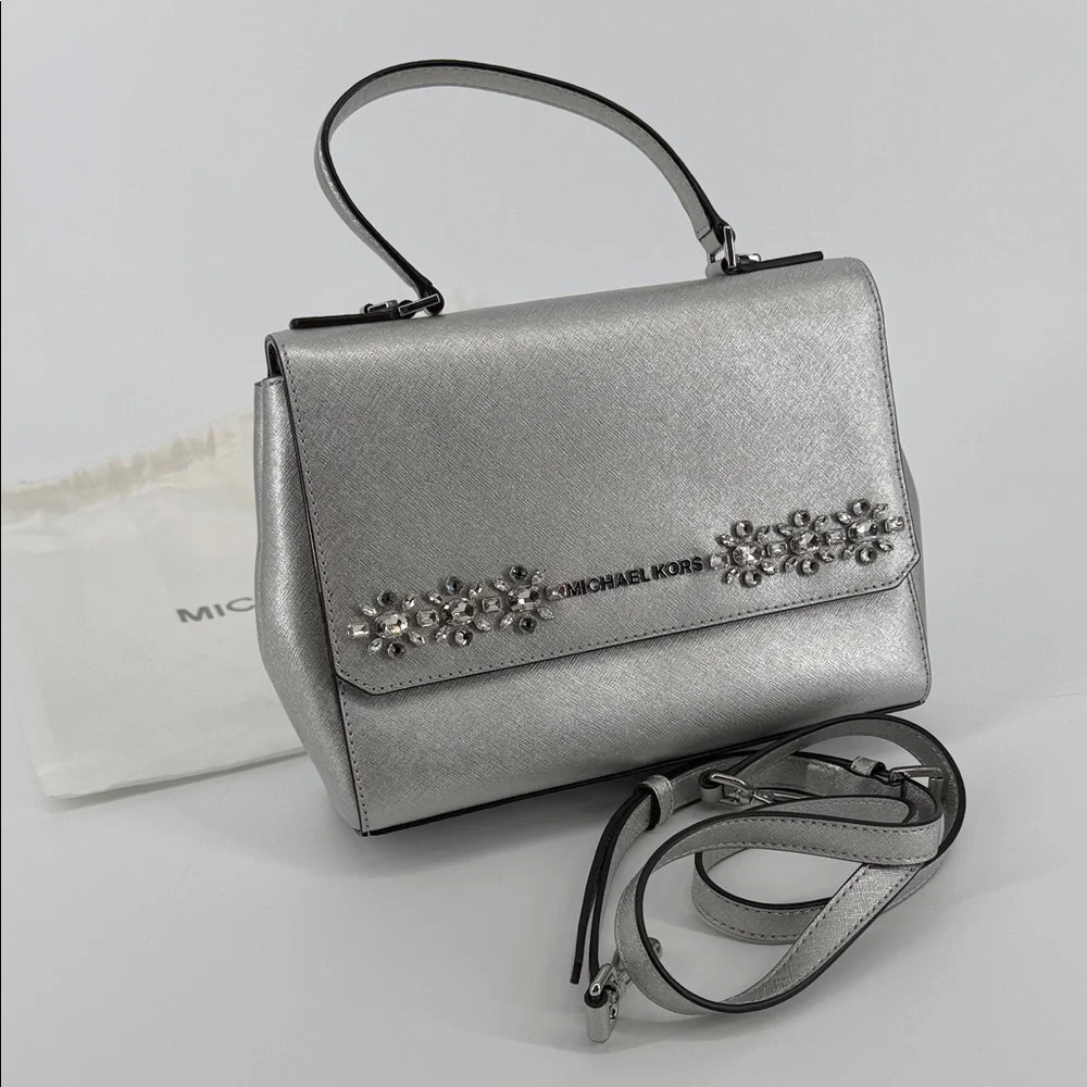 Michael Kors Silver Leather Small Ava Crystals Embellished Top Handle Bag Rare - Picture 1 of 12